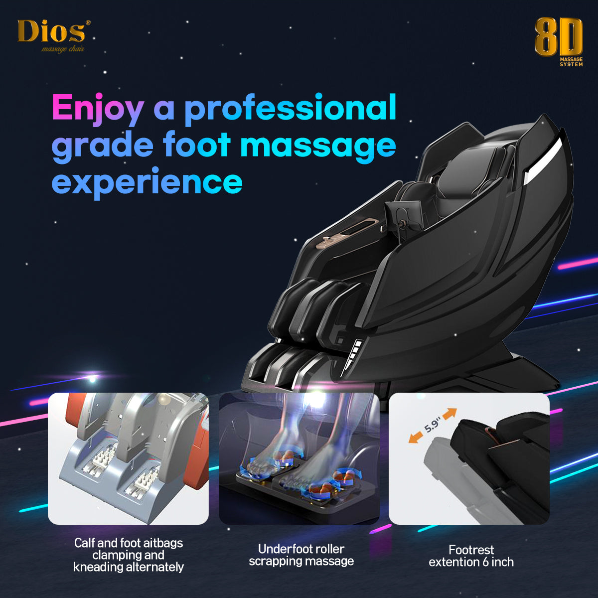 Kahuna Chair Dios Massage Chair 8D AI Dual Air Tech Touch Roller SL-track with Brain Relaxation Program Dios-1288 Black